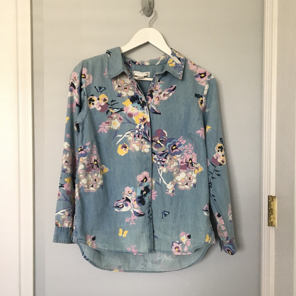 Colorful floral button down denim shirt